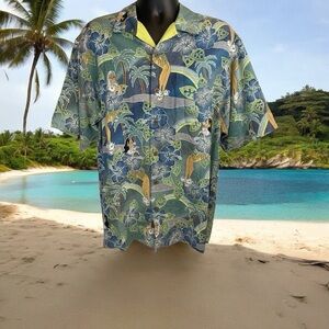 SOLD- Tommy Bahama Relax Camp Silk Hawaiian Hula Pinup Girl Mens Shirt Sz Medium